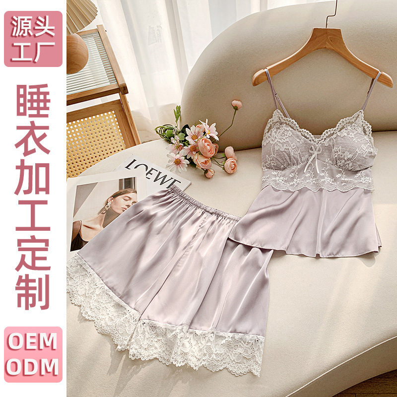 Customized Ice Silk Sexy Pajamas for Women Summer Lace Suspender Shorts Set Pure Lust Style Thin Home Clothes with Breast Pads