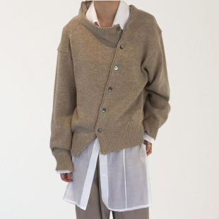 Spring New Korean Style Diagonal Button Irregular Design Lazy Style Sweater Cardigan Round Neck Knitted Jacket for Women Wholesale