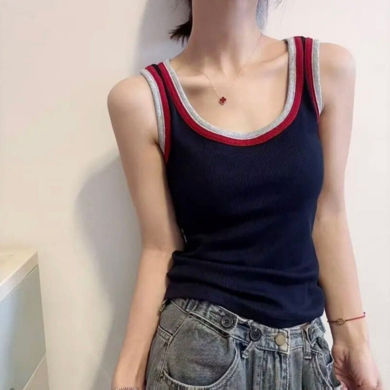A118#夏季新款纯欲U领撞色拼接背心修身女一体式带胸垫百搭上衣|undefined