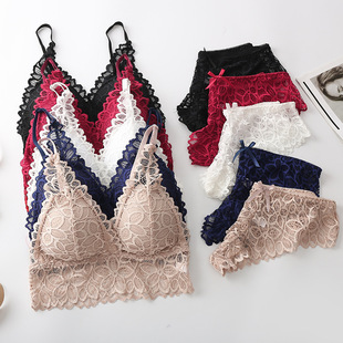 2021 New Summer Style French Lace Vest Style Summer Thin Mold Cup Breathable and Comfortable Women's Intimates Two-Piece Set