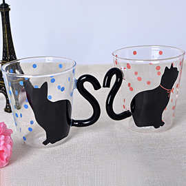 卡通动物创意水杯 高硼硅耐热玻璃杯 卡通黑猫透明牛奶情侣杯