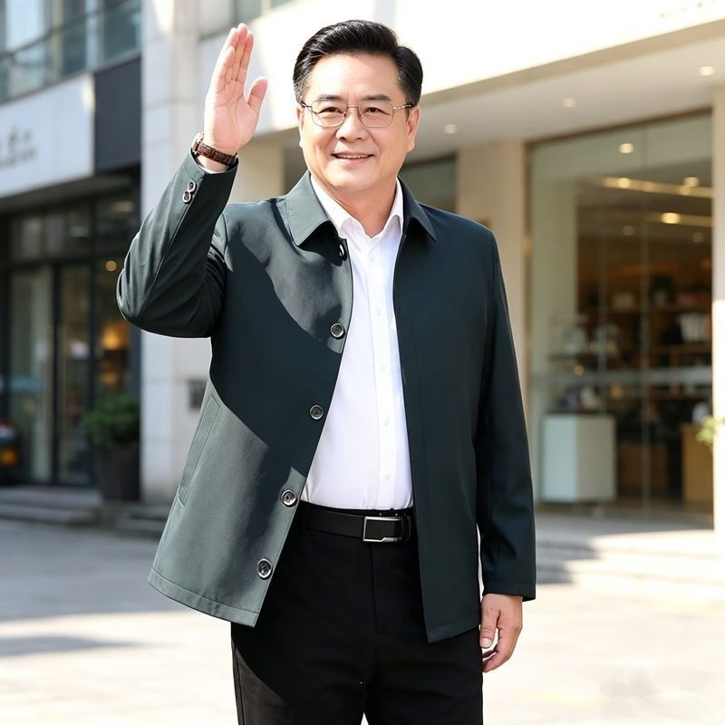 男士春秋薄款纽扣外套中老年人宽松干部风夹克爸爸装商务百搭外套