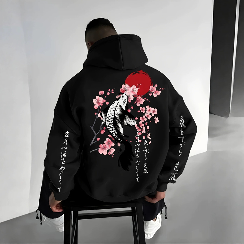Japanese-Style Koi Cherry Blossom Red Sunset Print Hoodie, Ink Calligraphy Oversized Couple's Sweatshirt