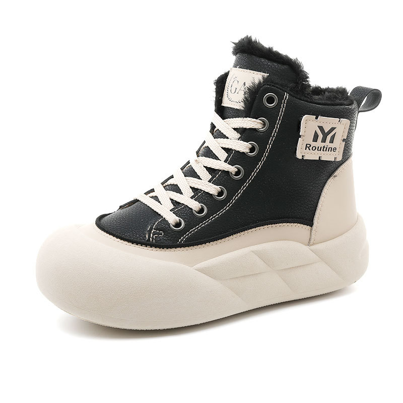 G3509 New New Autumn Winter Thick-Soled Women's Cotton Shoes Color-Block High-Top Warm Fleece Height-Increasing Simple_voghion.com