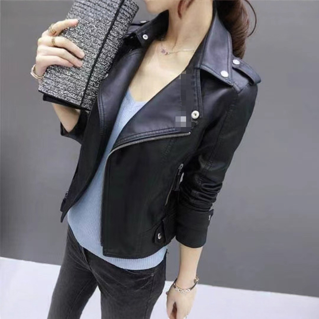 2025 Women's Leather Jacket Autumn Korean Style Slim Fit Motorcycle Pu Leather Casual Versatile Jacket