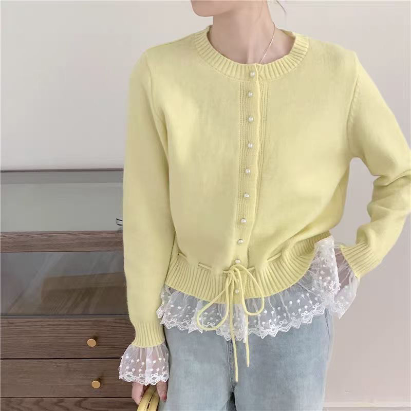 Korean Style Lace-Up Waist Sweater Cardigan for Women Spring & Fall Fashionable Age-Reducing Design Knitted Top