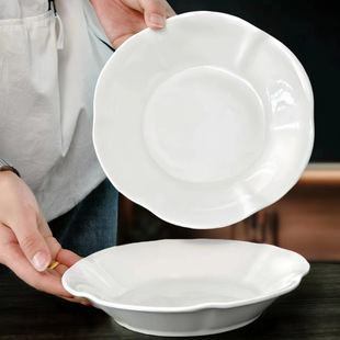 8inch Magnolia Flower Household Simple Pure White Western Food Plate Sushi Plate Fruit Plate Vegetable Plate Snack Plate Ceramic