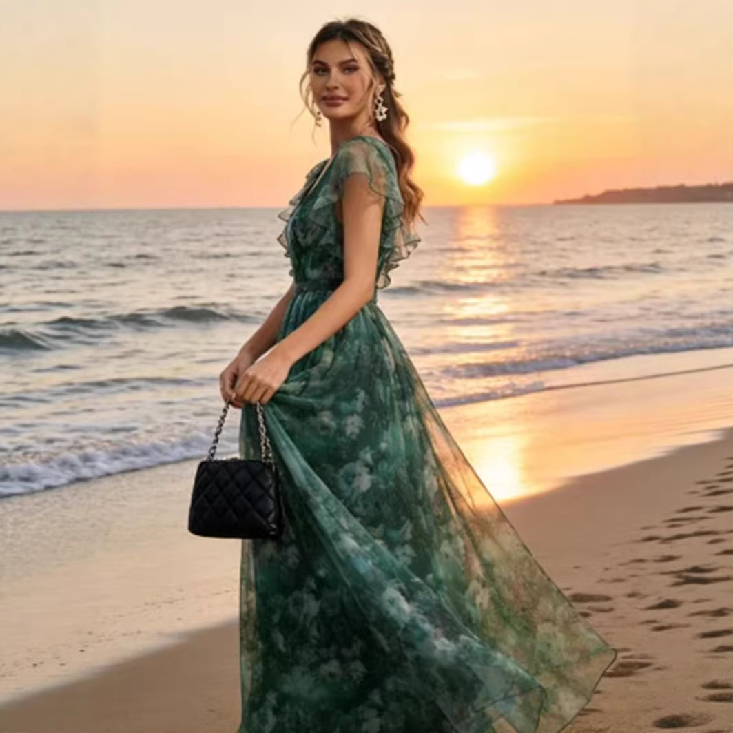 Women V Neck Floral Print Mesh Ruffle Hem A Line Big Swing Party Dress Bridesmaid Dress Prom Evening Gown_ecoleips.com