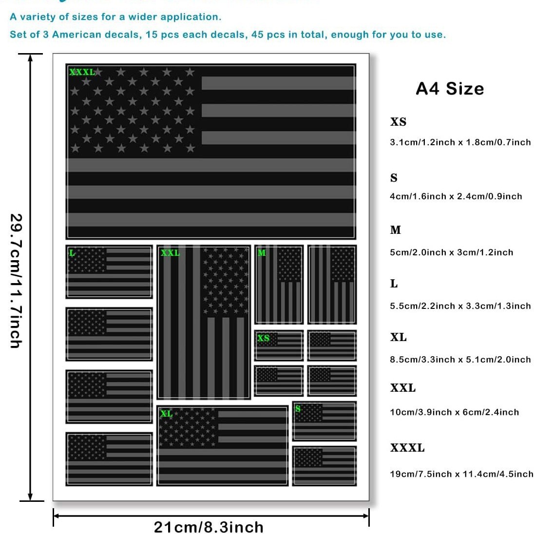 Amazon Venta caliente bandera americana coche pegatinas grandes reflectantes coche cuerpo pegatinas 21x29,7 cm