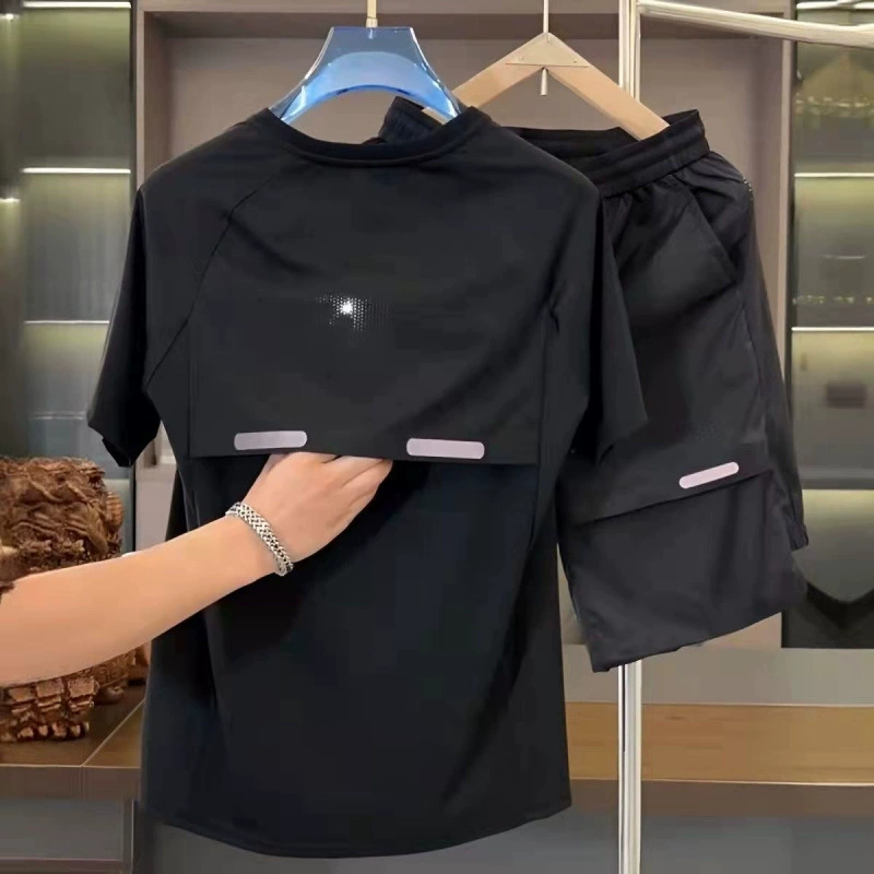 Летний мужской комплект из дышащей рубашки из ледяного шелка и спортивных шорт с высокой эластичностью, быстросохнущий, свободный крой, двухсоставной набор