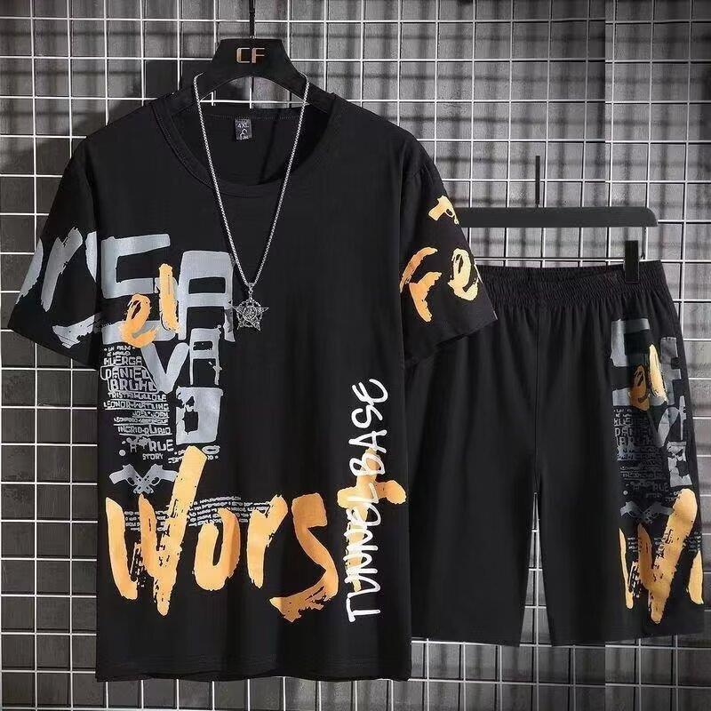 2025 juego deportivo delgado de tamaño grande en stock de verano hombre gordo cuello redondo verano coreano manga corta pantalones cortos casuales negros