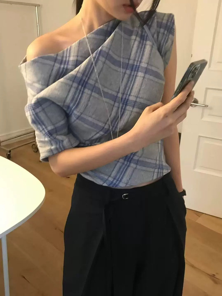 在庫あり 斜め肩ウエストチェック柄半袖レディース 2025 夏韓国スリムフィットニッチデザイナーレディースウェア