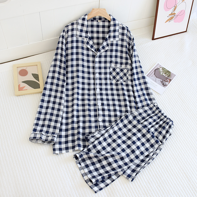 LYZメンズ紺チェック-コットンパジャマ