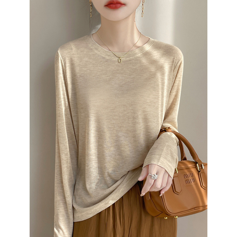 Crewneck Bottoming Shirt Women's 2025 Summer New Loose plus size Long-sleeved Inner Sweater Lightweight Silk Breathable Top