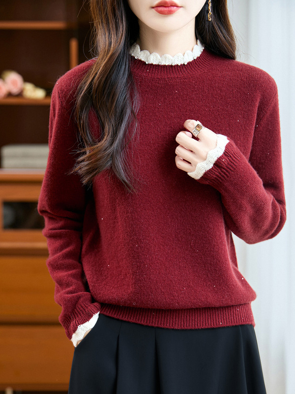 秋冬季新款纯色抽条欧根纱木耳领毛衣女内搭羊毛针织打底衫女|undefined