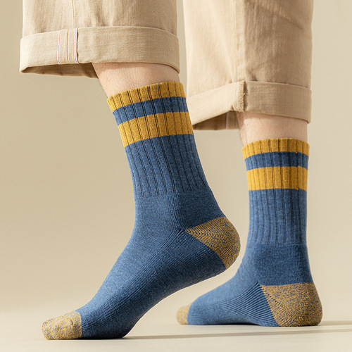 Men's winter socks, thickened soles, terry mid-tube socks, upper tube, two bars, men's socks, toe and heel, color matching, men's stockings, thick