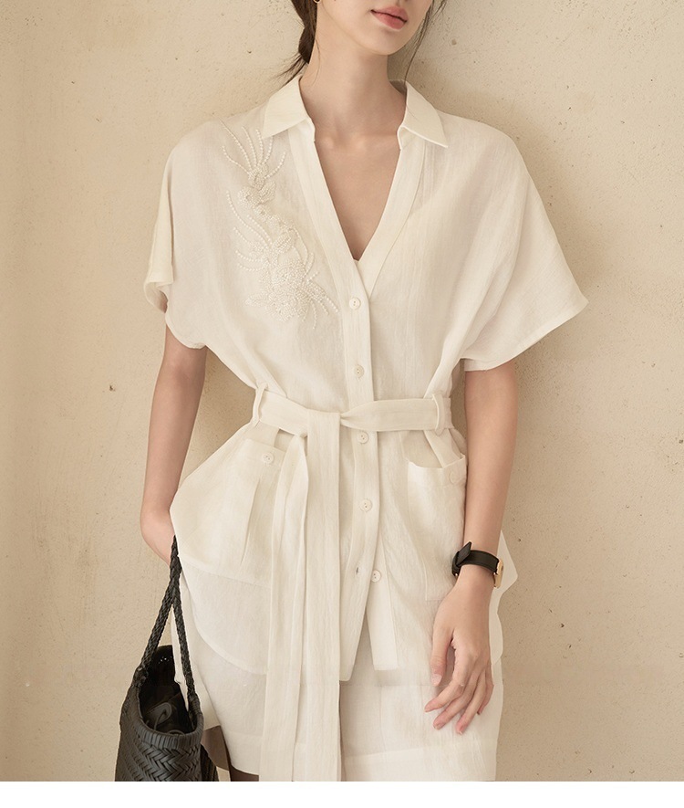 Women's Cotton Linen V-neck Belted Shorts Set Wrinkle Resistant_voghion.com