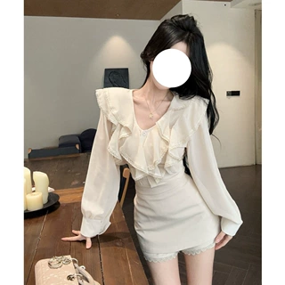 纯欲蕾丝花边衬衫女荷叶边长袖上衣秋冬高级性感法式高腰包臀短裙