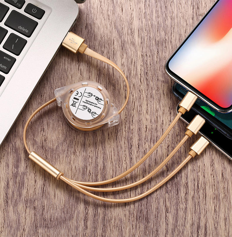 Stokta bir-üç kristal geri çekilebilir veri kablosu üçü bir arada şarj kablosu hızlı şarj USB özel logo hediye