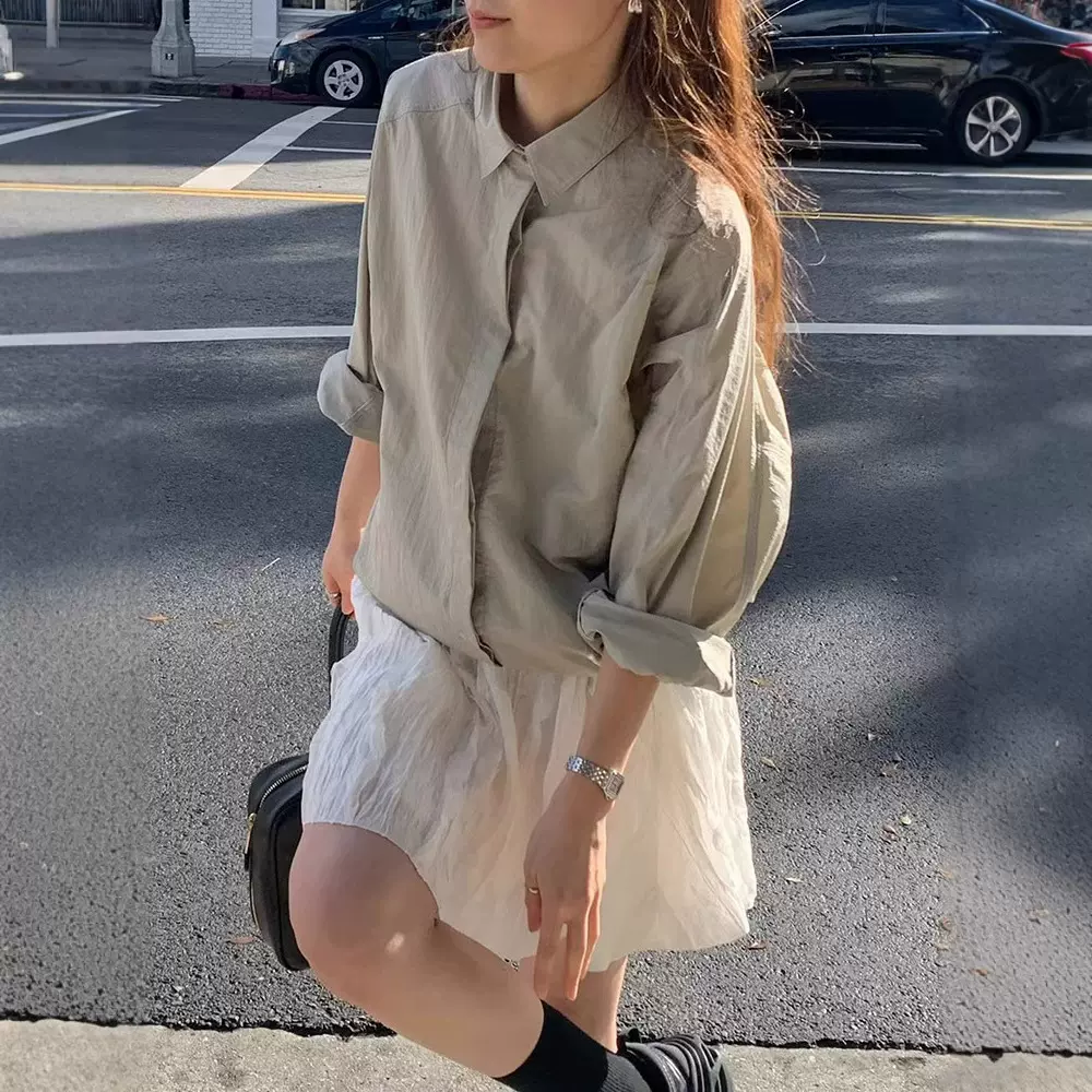 现货 纯色休闲衬衫版外套女2025春夏季小个子设计感宽松上衣oun*e