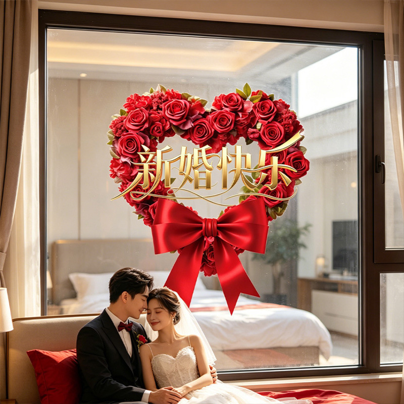 2026 popular wedding room scene decoration: happy newlyweds, heart-shaped red roses, top recommendation for window glass door electrostatic decoration 2026 popular wedding room scene decoration: happy newlyweds, heart-shaped red roses, top recommendation for window glass door electrostatic decoration