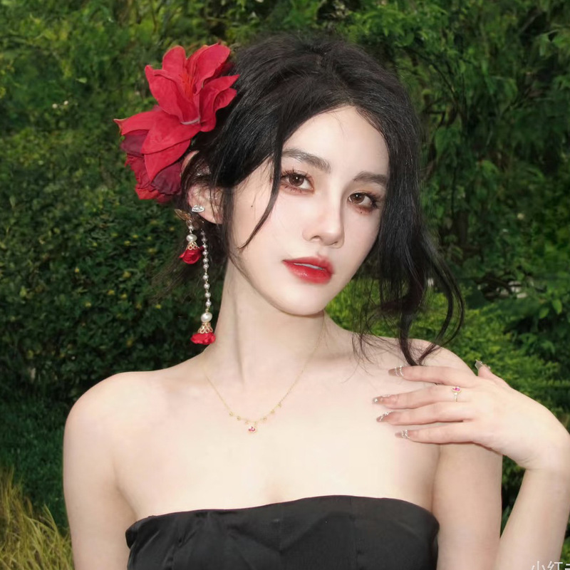 新しい中国風の赤い牡丹の花の真珠のタッセルヘアピンレトロなハイエンドの気質ヘアサイドクリップ古代スタイルの頭飾り|undefined