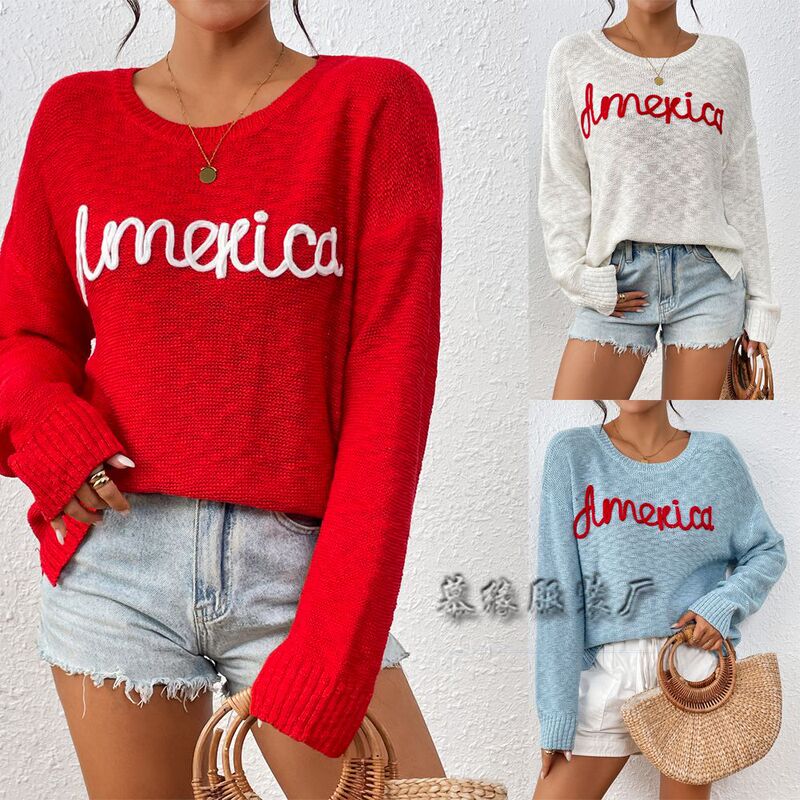 2024 European and American Cross-border Women's Knitwear Crewneck Long Sleeve America Independence Day Letter Fashion All-match Sweater
