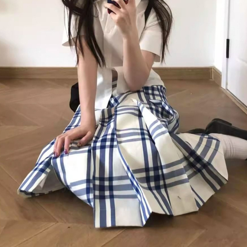 大蓝格一片式百褶可调节半身裙女2025夏季新款百搭时尚高品质中裙|undefined