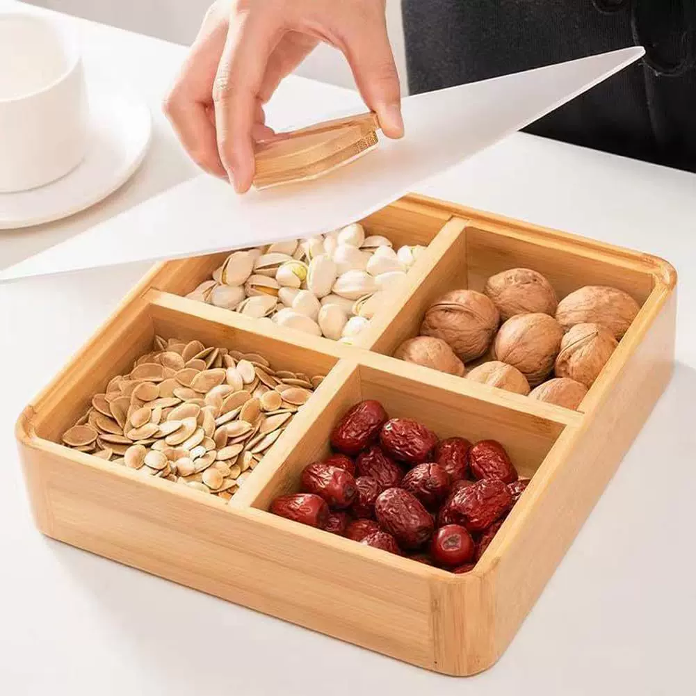 四宫格竹木干果盒客厅零食盘 木质分格糖果盒 花生瓜子收纳盒