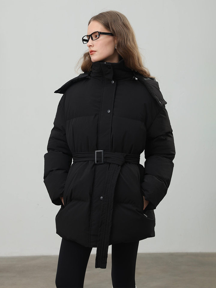 Áo khoác bông nữ có mũ, khóa kéo, thắt eo dáng ôm, dài trung bình, chất liệu polyester dày — màu nâu, màu đen, quả mơ chi tiết 23