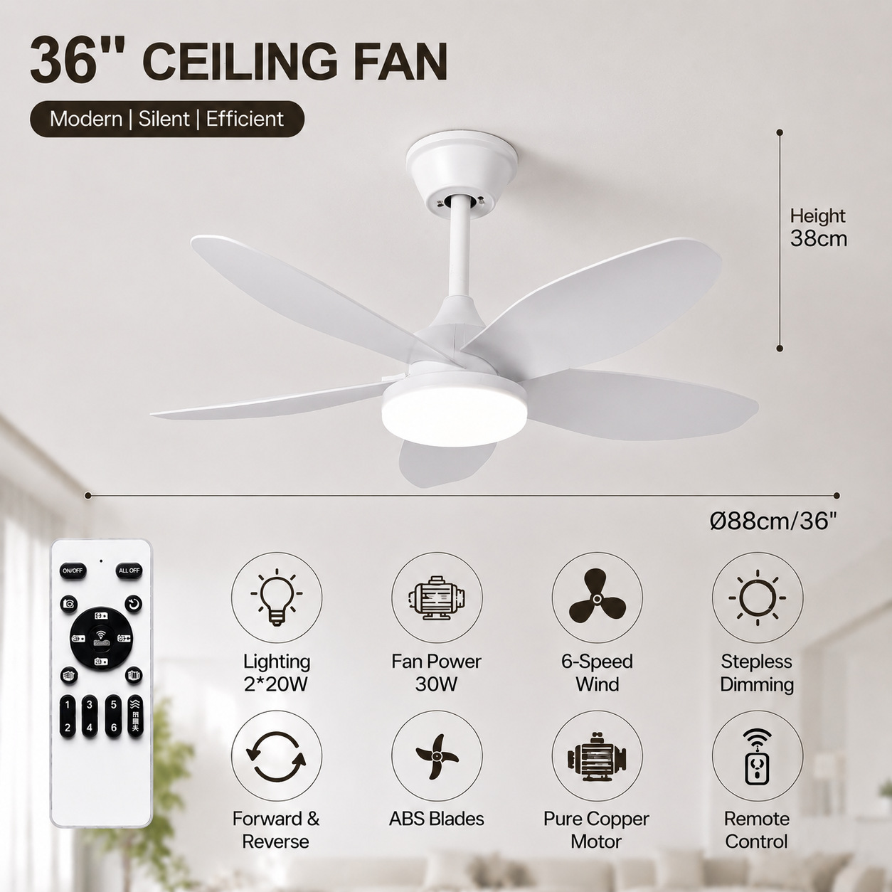 Ventilador de Techo con Luz de ABS y PC, con Control Remoto, Motor DC, para Sala de Estar y Comedor
