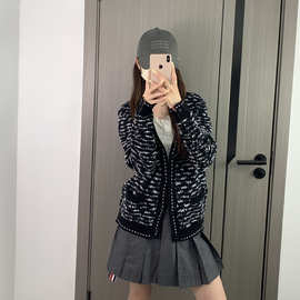 高品质女款春秋季针织粗花呢领长袖女款毛衣外套