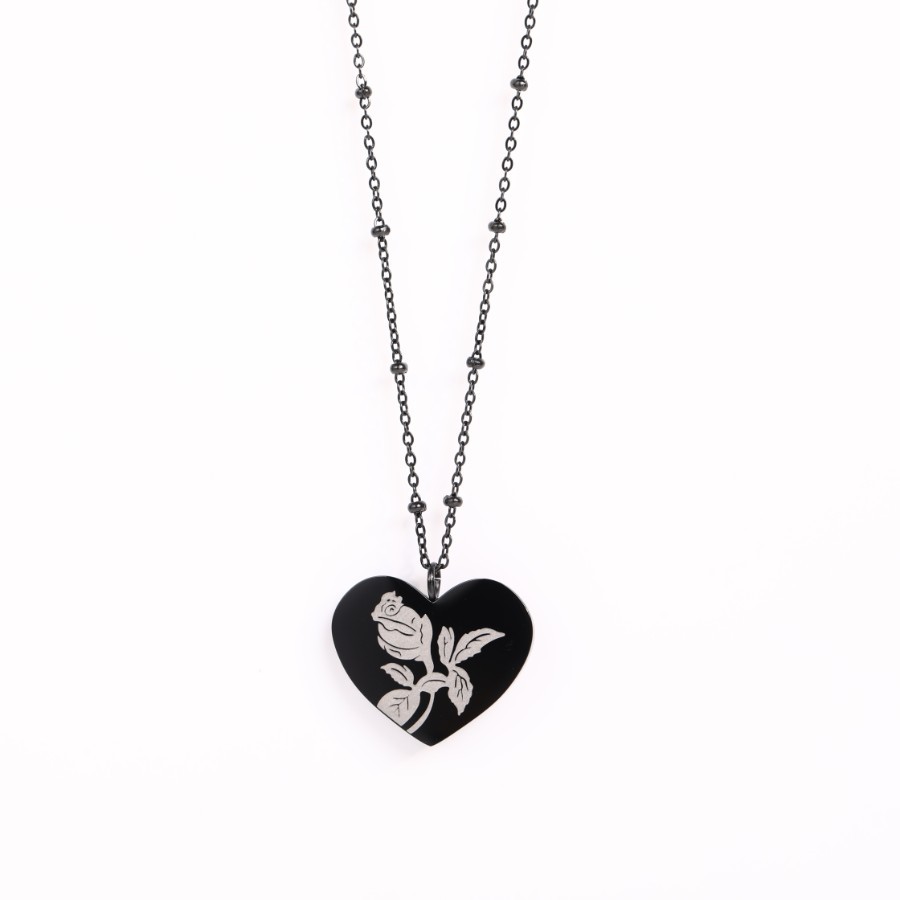 Retro Black Heart Rose Flower Dark Titanium Steel Necklace Wholesalepicture1