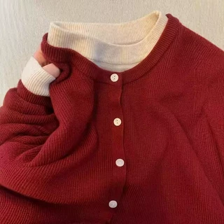 圣诞慵懒风红色纯羊毛开衫毛衣女秋冬新款内搭打底针织衫上衣