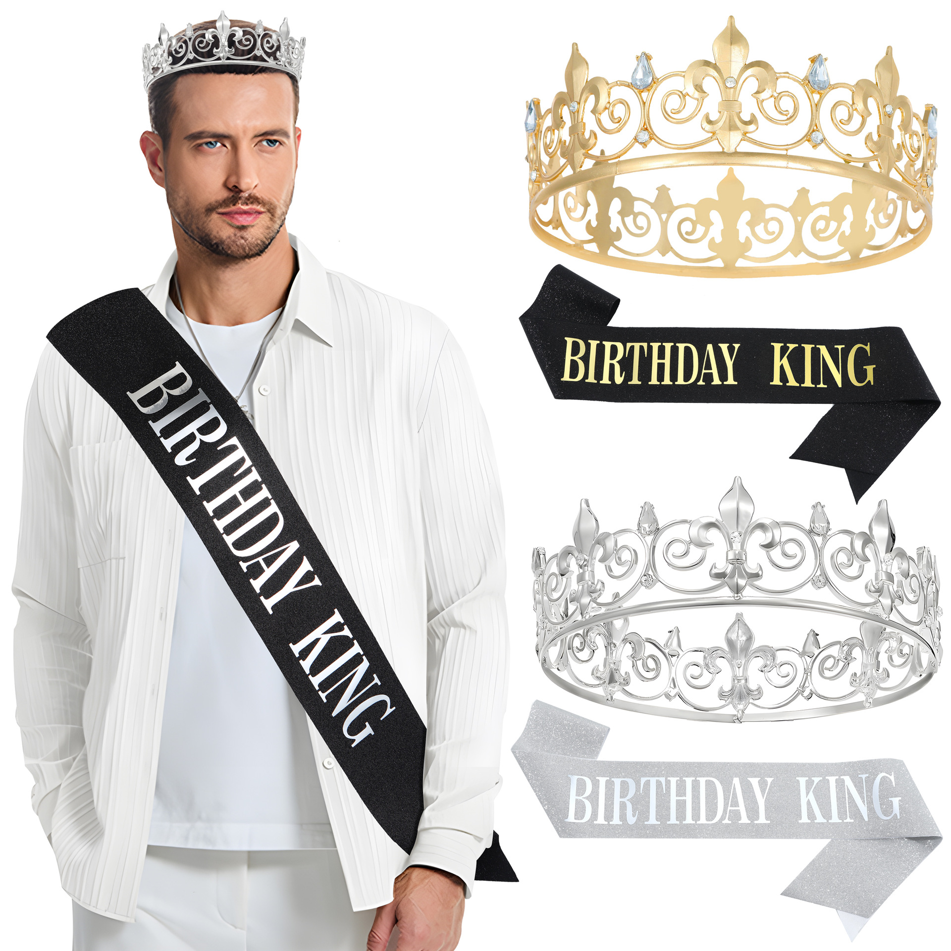 欧美男士圆形皇冠王冠birthday king绶带生日派对装饰 合金头饰配
