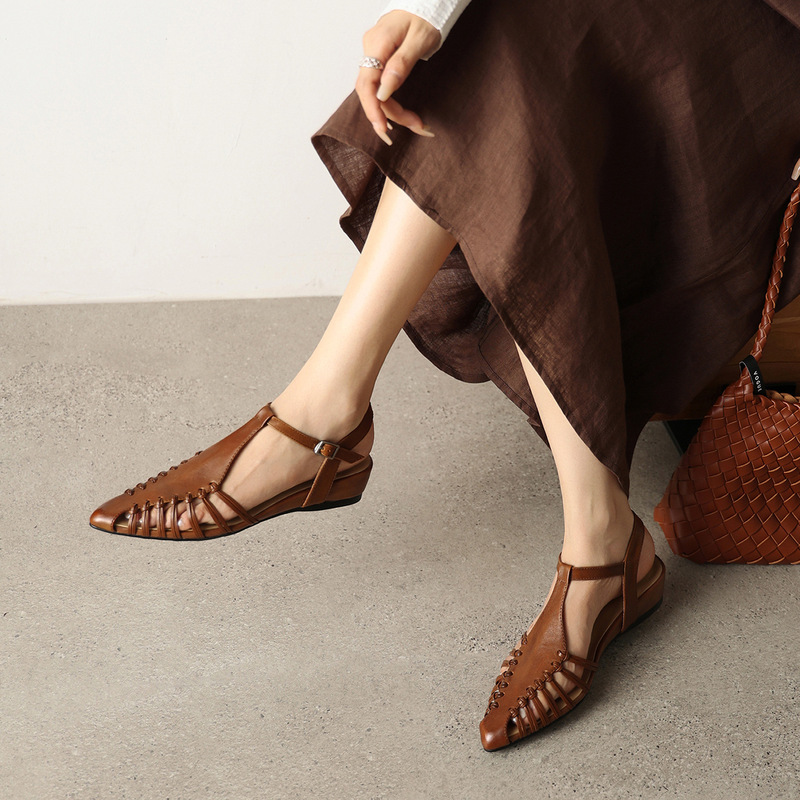 Cross-Border Dropshipping First-Layer Cowhide 3cm Wedge Heel Woven Hollow Breathable Roman Sandals Summer Genuine Leather T-Strap Women's Shoes Cross-Border Dropshipping First-Layer Cowhide 3cm Wedge Heel Woven Hollow Breathable Roman Sandals Summer Genuine Leather T-Strap Women's Shoes