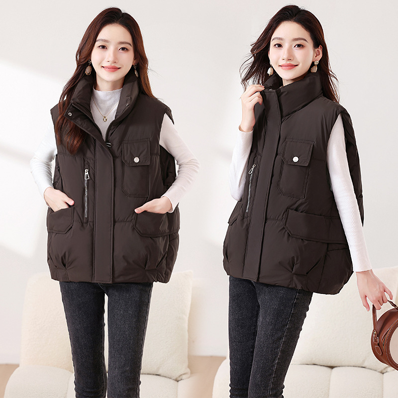 Invierno nuevo color sólido moda casual versátil delgado suelto cuello de pie grueso abrigo de algodón de hombro chaleco