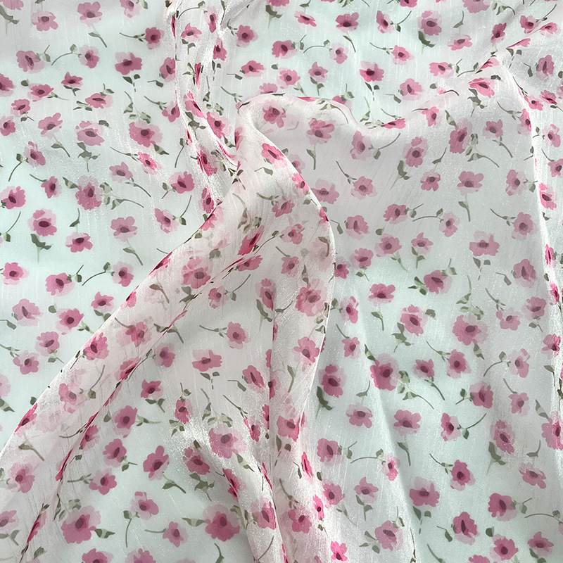 Tela de organza arrugada de poliéster, tela de impresión de flor rosa, ropa de mujer de primavera y verano, tela de impresión de primavera y verano