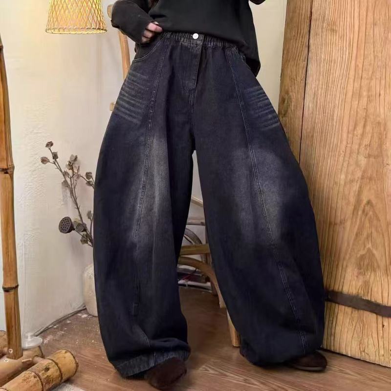 2025秋季韩版宽松时尚牛仔拼接水洗做旧弯刀裤百搭休闲长裤女8310|undefined