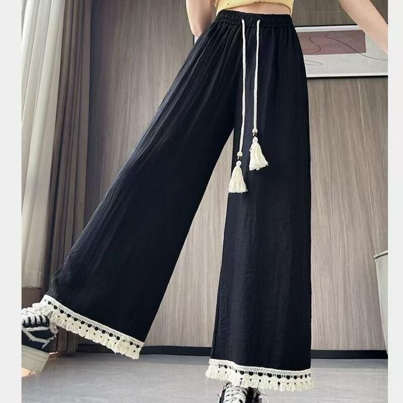 New Style Patchwork Wide-Leg Fringe Pants for Women 2026 Yamamoto Petite Summer Thin Cropped Pants