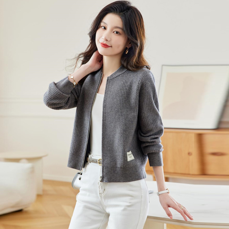 双拉链针织衫女开衫外套春装2024年新款内搭洋气上衣棒球服卫衣