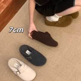 厚底鞋女加绒保暖棉鞋子秋冬季新款丑萌单鞋一脚蹬包头半拖鞋