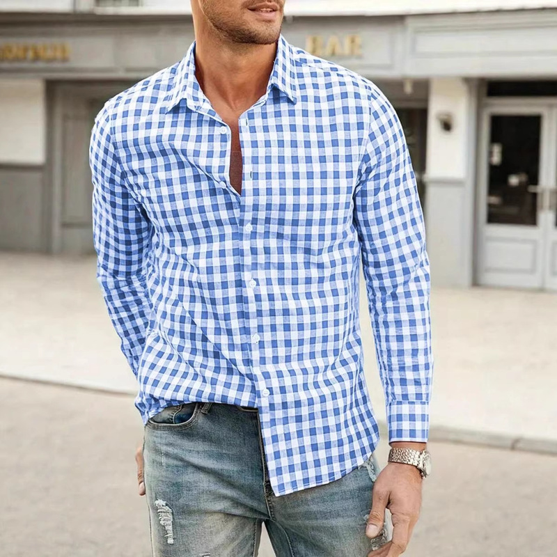 European and American Cross-Border Youth Men's Shirts 3D Digital Printing Lapel Casual Simple Breathable Plaid Long-Sleeved Shirt for Men European and American Cross-Border Youth Men's Shirts 3D Digital Printing Lapel Casual Simple Breathable Plaid Long-Sleeved Shirt for Men