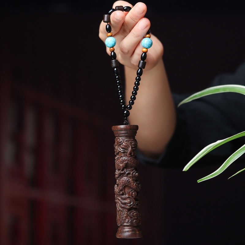 沉香木盘龙柱手把件雕刻男士随身把玩车挂件装饰降龙柱生肖龙摆件|undefined
