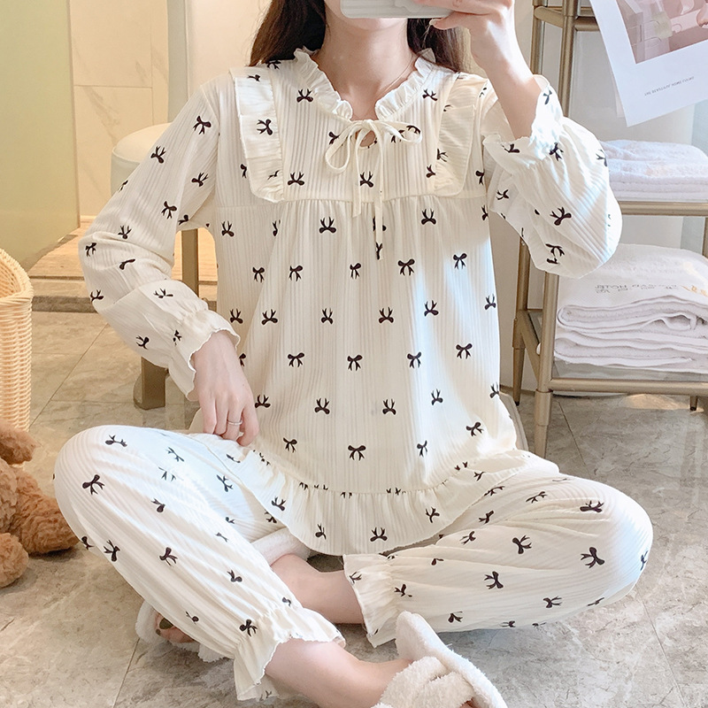 Estilo japonés pijamas florales de las mujeres de otoño e invierno estilo coreano de manga larga dulce lindo princesa estilo vivo traje de desgaste al por mayor