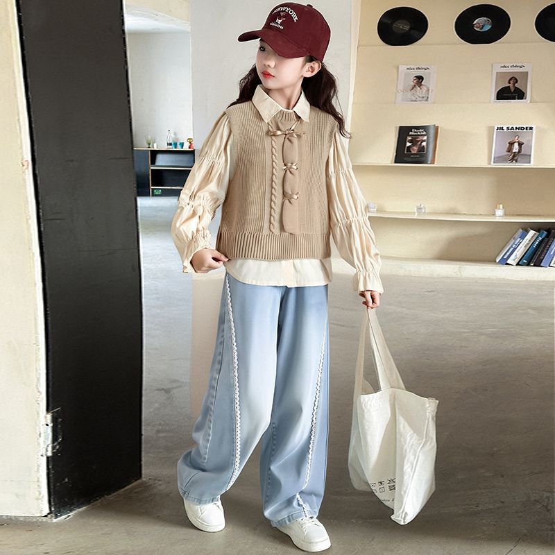 女童春秋套装2025新款洋气时髦中大童装女孩马甲衬衣牛仔裤一整套