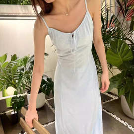 BM风纯欲风系BM连衣裙浅蓝色碎花系带吊带连衣裙女