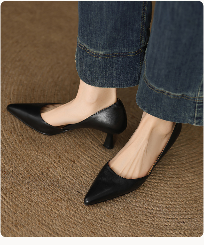 Giày cao gót nữ mũi nhọn da bò cổ điển kiểu Pháp, gót 6,5 cm — Màu đen chi tiết 14