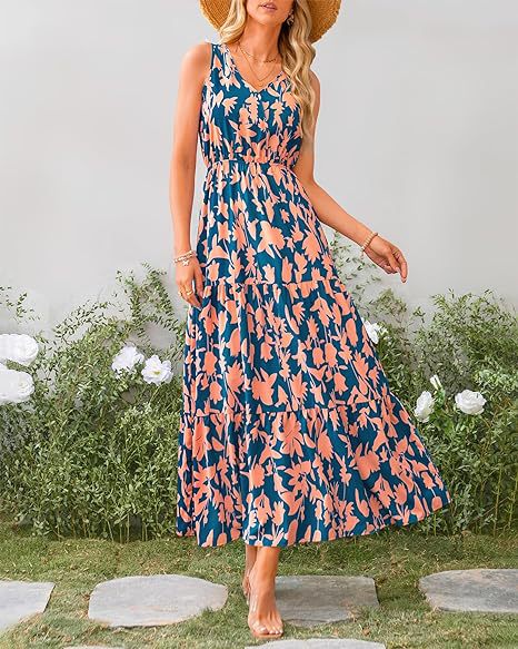 269g Weight Maxi Long Dress Dress Length Type Sleeveless Sleeve Length Swing Dress Dresses Type Sleeveless Sleeve Type Polyester Fabric Type Mid Waist Waist Line Holiday, Daily, Selfie Occasion V Neck Neckline Regular Fit Fit Type Flower Pattern Summer Season Women's Gender Printing Design Casual, Elegant, Simple Style Style Wholesale Women's Casual Elegant Simple Style Printing Flower Holiday Daily Selfie V Neck Sleeveless Swing Dress 5