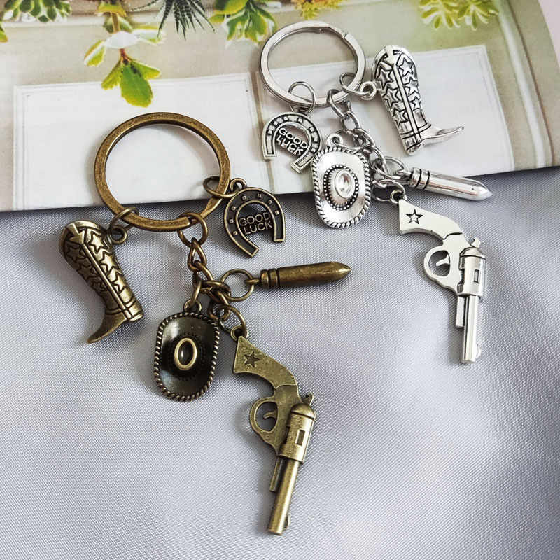Western Denim Keychain Cowboy Hat Boots Bullet Letter Pendant Texas Farm Men and Women Keychain Metal